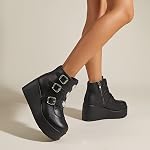 LUCKY STEP Women Platform Chunky Ankle Boots - Round Toe Zipper Wedges High Heels Rave Buckle Thick Sole Goth Booties