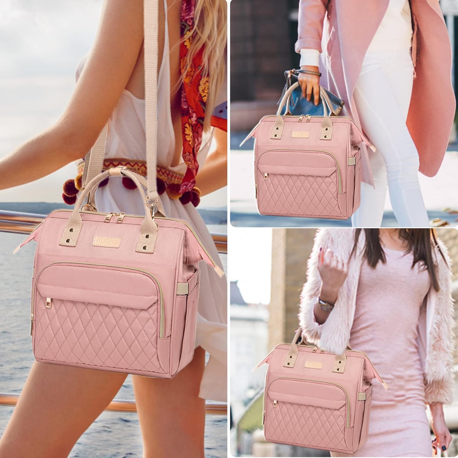 AIJIEKE Lunch Bag for Women, Leakproof & Insulated Work Lunch Box Tote, Reusable Adult Cooler Bag with Water Bottle Side Pocket & Removable Shoulder Strap, Pink - Image 6