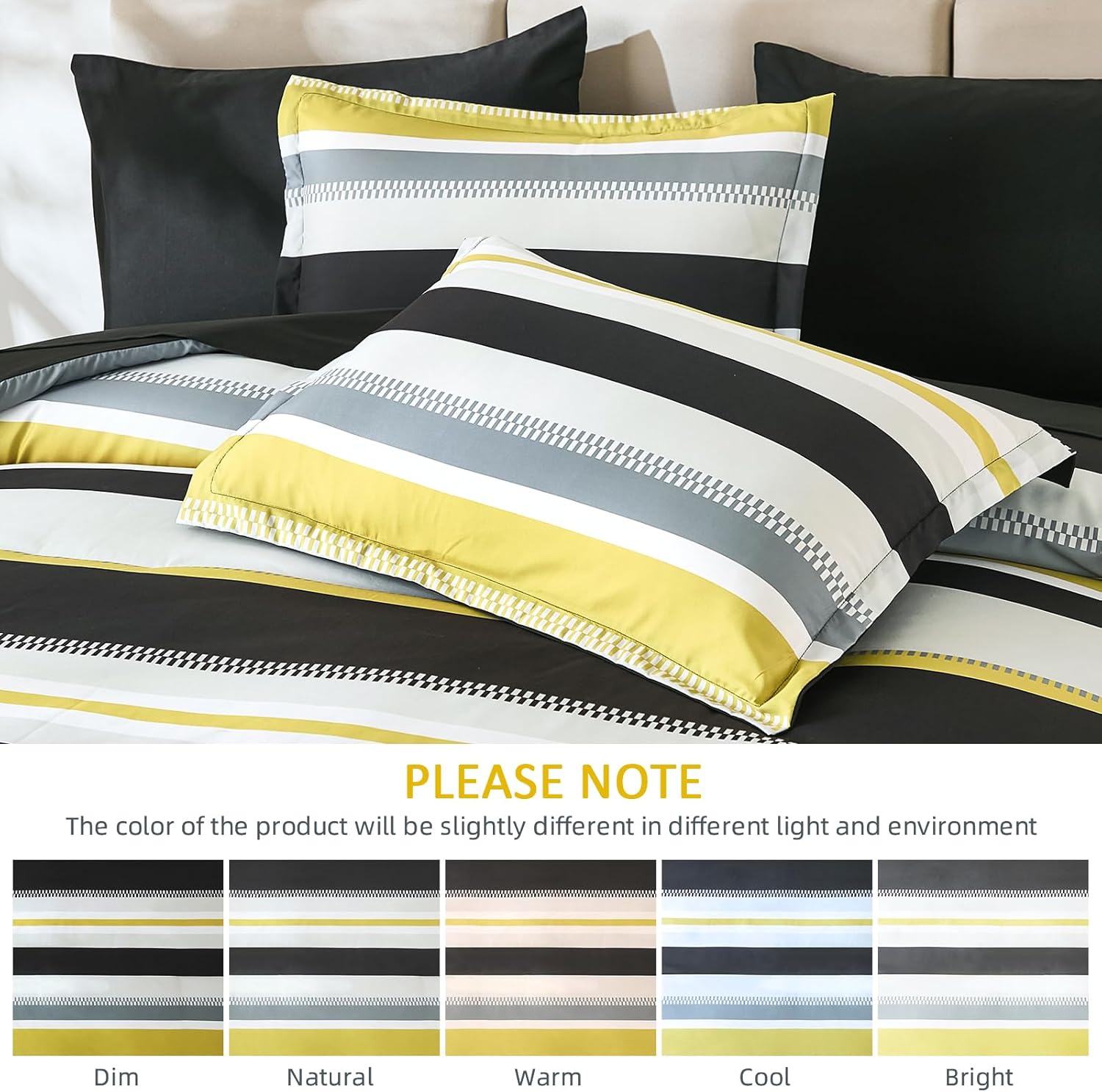WONGS BEDDING Yellow Comforter King Size Set, 7 Pieces Bed in a Bag Yellow and Black Comforter Set, Soft Boho Striped Bedding Sets with Sheets, Pillowcases & Shams - Image 7