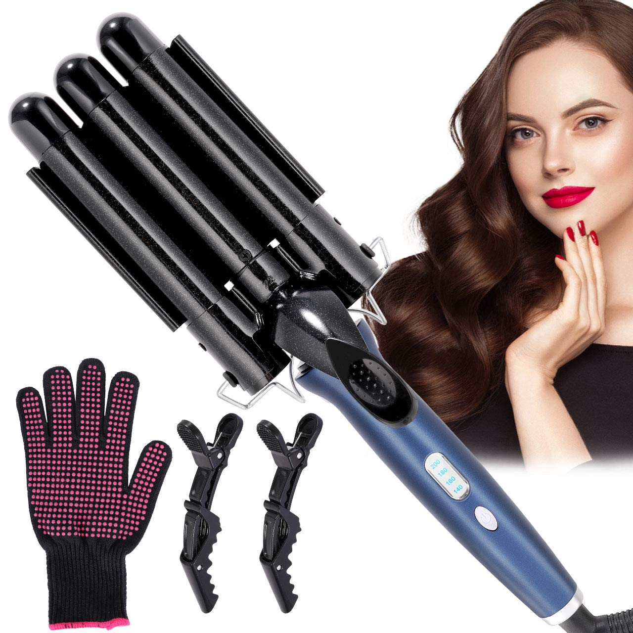3 Barrel Hair Curler, Winpok Hair Curler 22 mm Curling Iron Wand 4 Gear Adjustable Temperature, Curling Tongs Crimping Bubble Styling Tool Tourmaline Ceramic for Long Hair