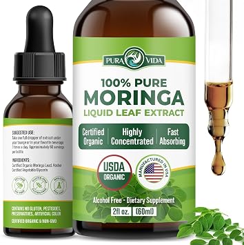 PURA VIDA MORINGA Leaf Extract Liquid Drops - USDA Organic Certified - Highly Purified, Bioavailable & Faster Absorption than Moringa Powder or Capsules - Single Origin Moringa Oleifera Leaves Extract