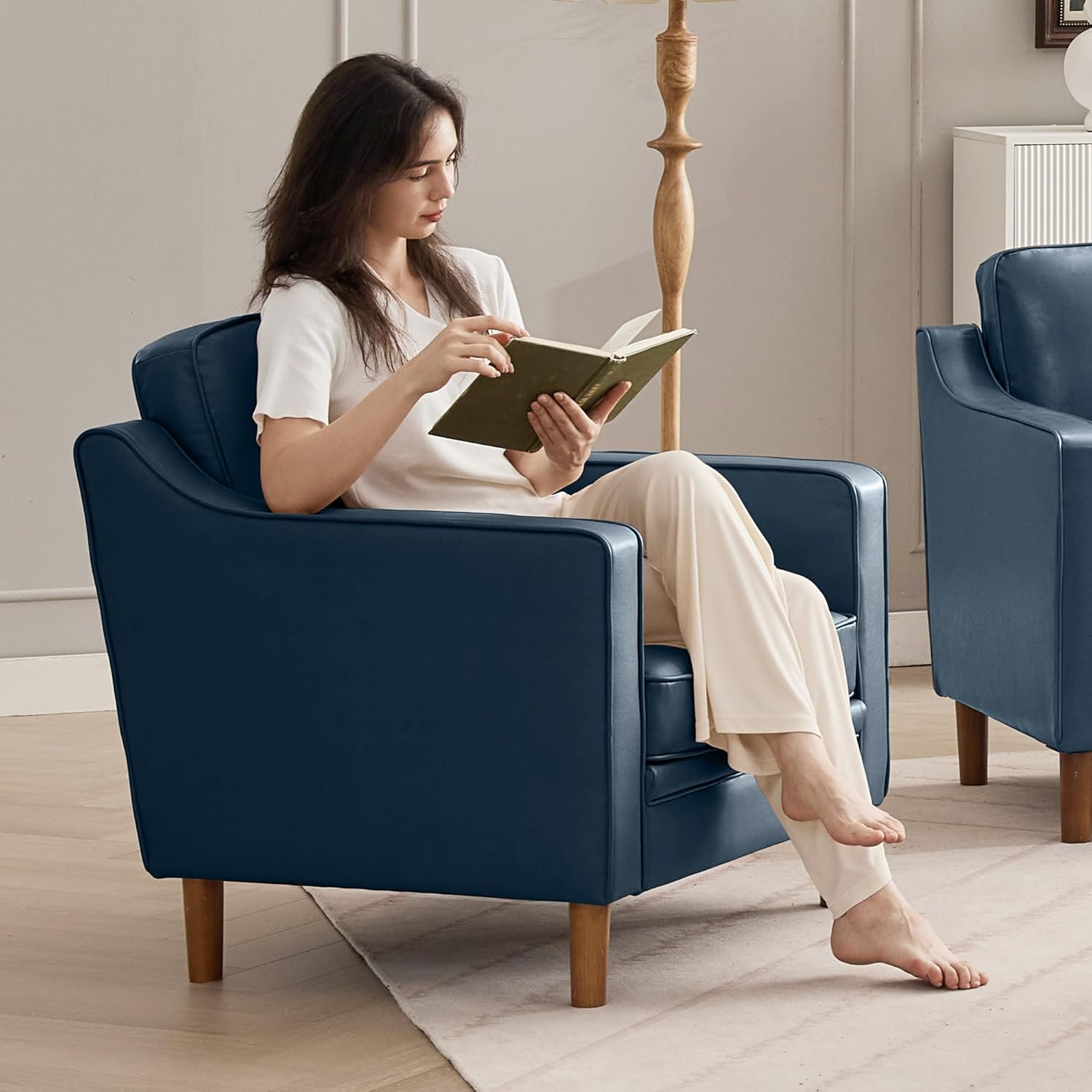 Kingfun Accent Chair Set of 2, Living Room Chairs, Faux Leather Reading Armchair, Mid Century with Solid Wood Foot, Upholstered Modern Decor for Bedroom, Apartment, Blue