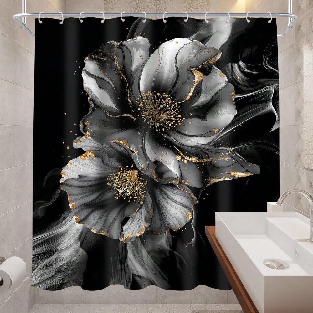 Schwarzer und goldener abstrakter Duschvorhang mit Blumenmuster, moderner grauer Marmorblumen-Goldton, elegante Tintenstruktur, Badezimmer-Vorhangset für Damen (300 x 200 cm / 118 x 79 Zoll (B x H))