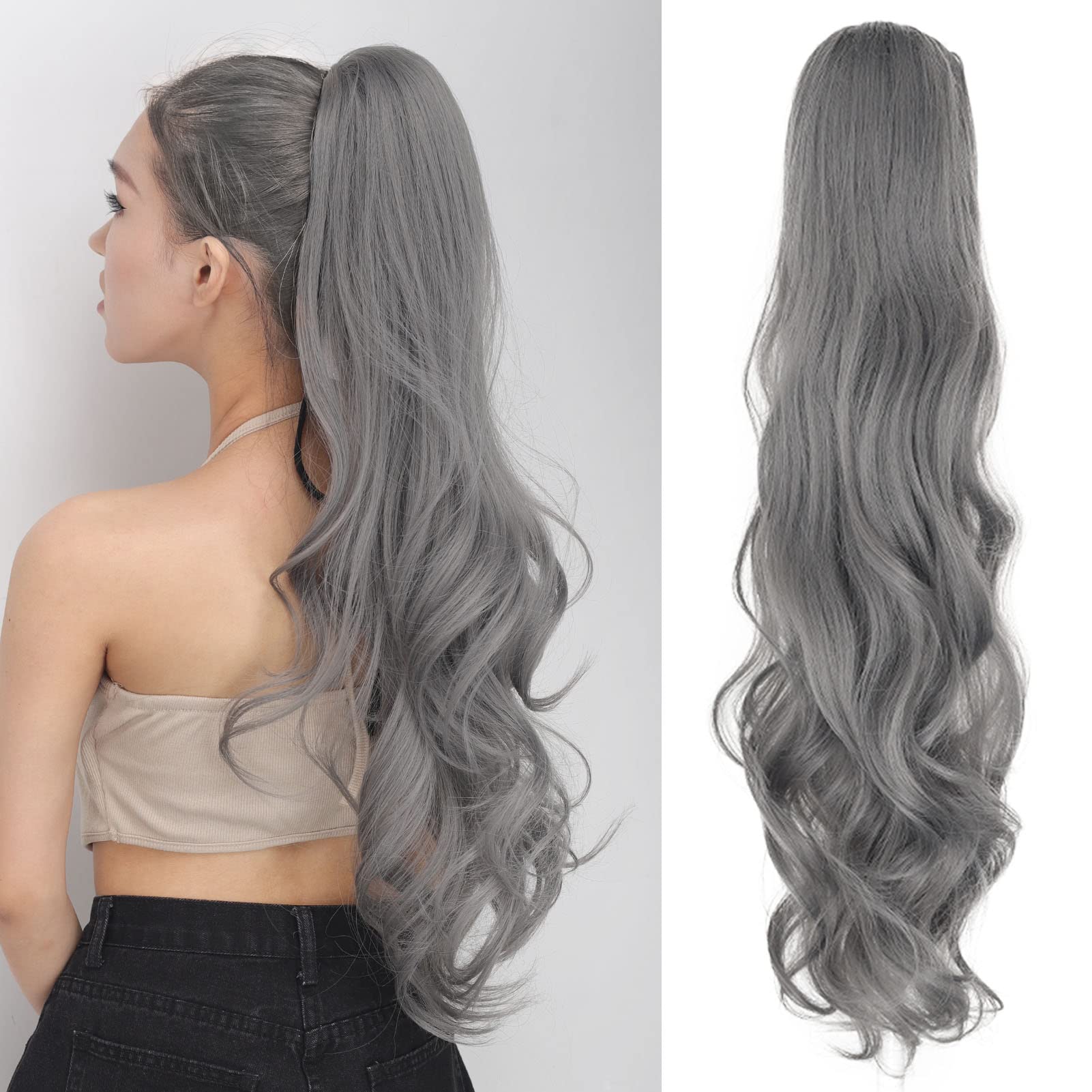 Photo 1 of Wavy Drawstring Ponytail Extension 24 Inch 5.6 Oz Wrap Around Fake Ponytais Hairpiece Synthetic Long Body Wave Pony Tails Hair Extensions Heat Resistant ? Granny Grey?