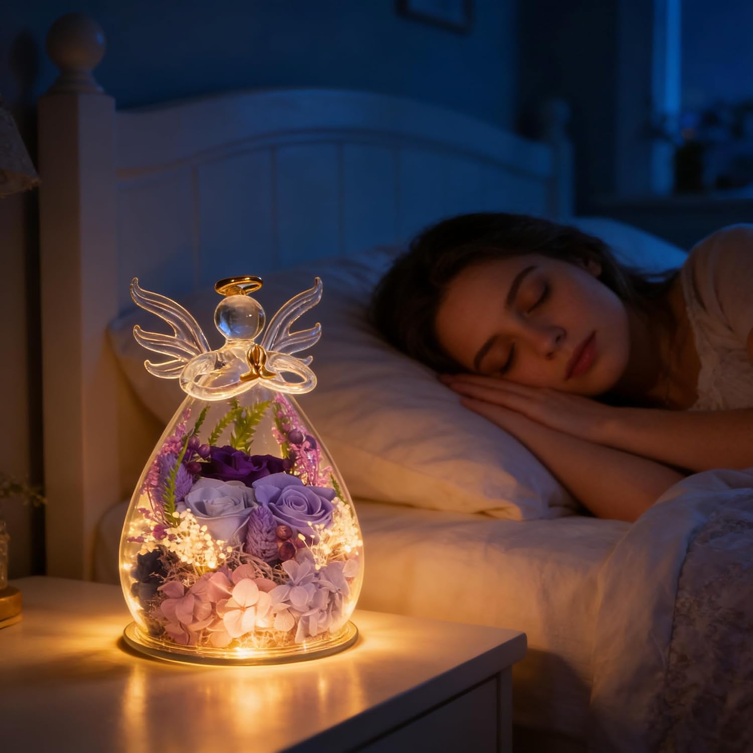 Purple Preserved Rose Angel Figurine in Glass Dome, Eternal Flower Birthday Anniversary Valentine Easter Gift for Women Mom Wife Grandma