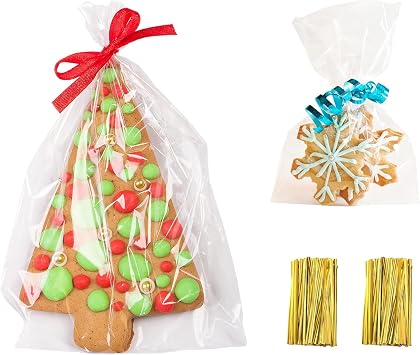 Yotelab Clear Cellophane Treat Bags With Twist Ties, 100 Pcs 4x6 Inches and 100 Pcs 6x9 Inches