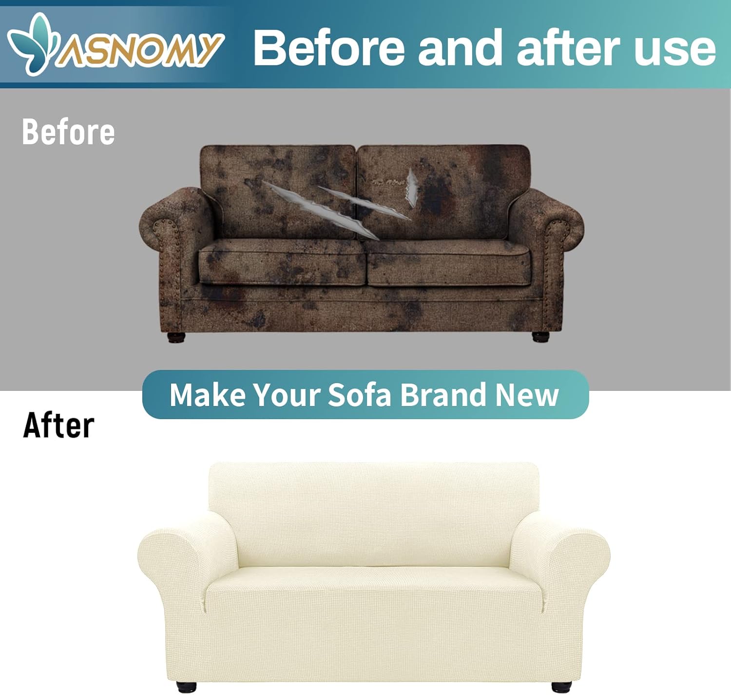 Asnomy Sofa Covers for 2 Cushion Couch Stretch loveseat Covers Slipcovers, Pet Protector Furniture Covers for Dogs Cats Spandex Jacquard Fabric Small Checks （Medium，Off-White）