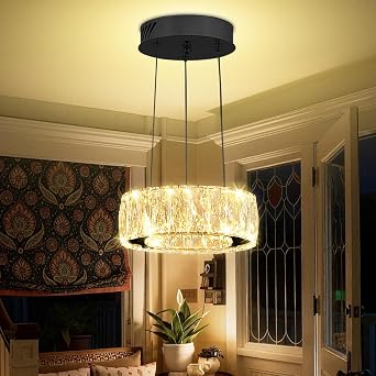 Modern LED Dimmable Crystal Chandelier 8" Ring Black Pendant Light Fixtures for Kitchen Island Dining Room Living Room