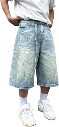 Paint Cargo Jorts Y2k Baggy Cropped Jeans Grunge Clothes Denim Capri Pants Casual Streetwear Men Unisex