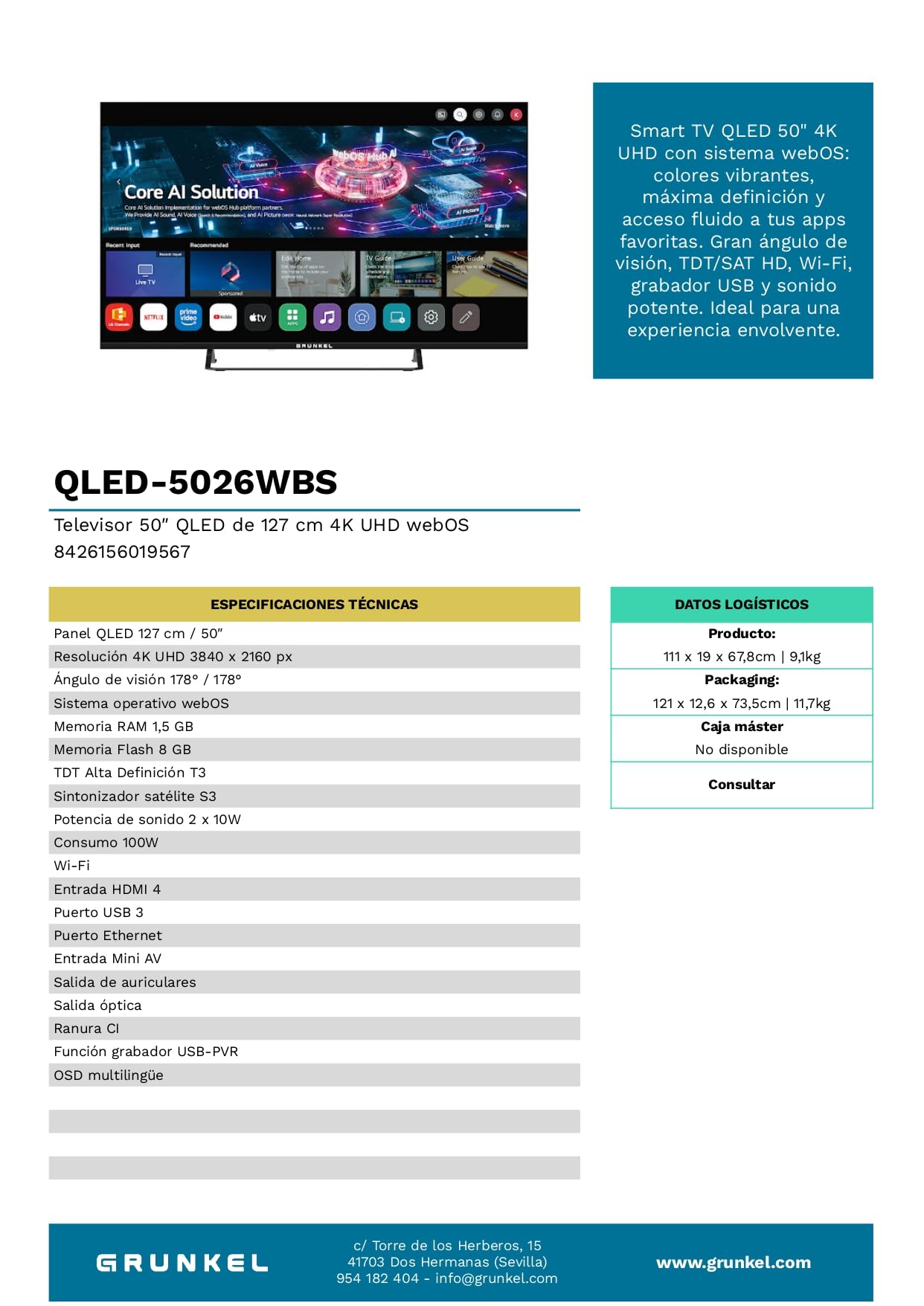 Grunkel QLED-5026WBS Smart TV QLED 50” 4K UHD | webOS | TDT T3 + Satélite S3 | WiFi | USB Grabador PVR | 4 HDMI | 3 USB | Sonido 20W