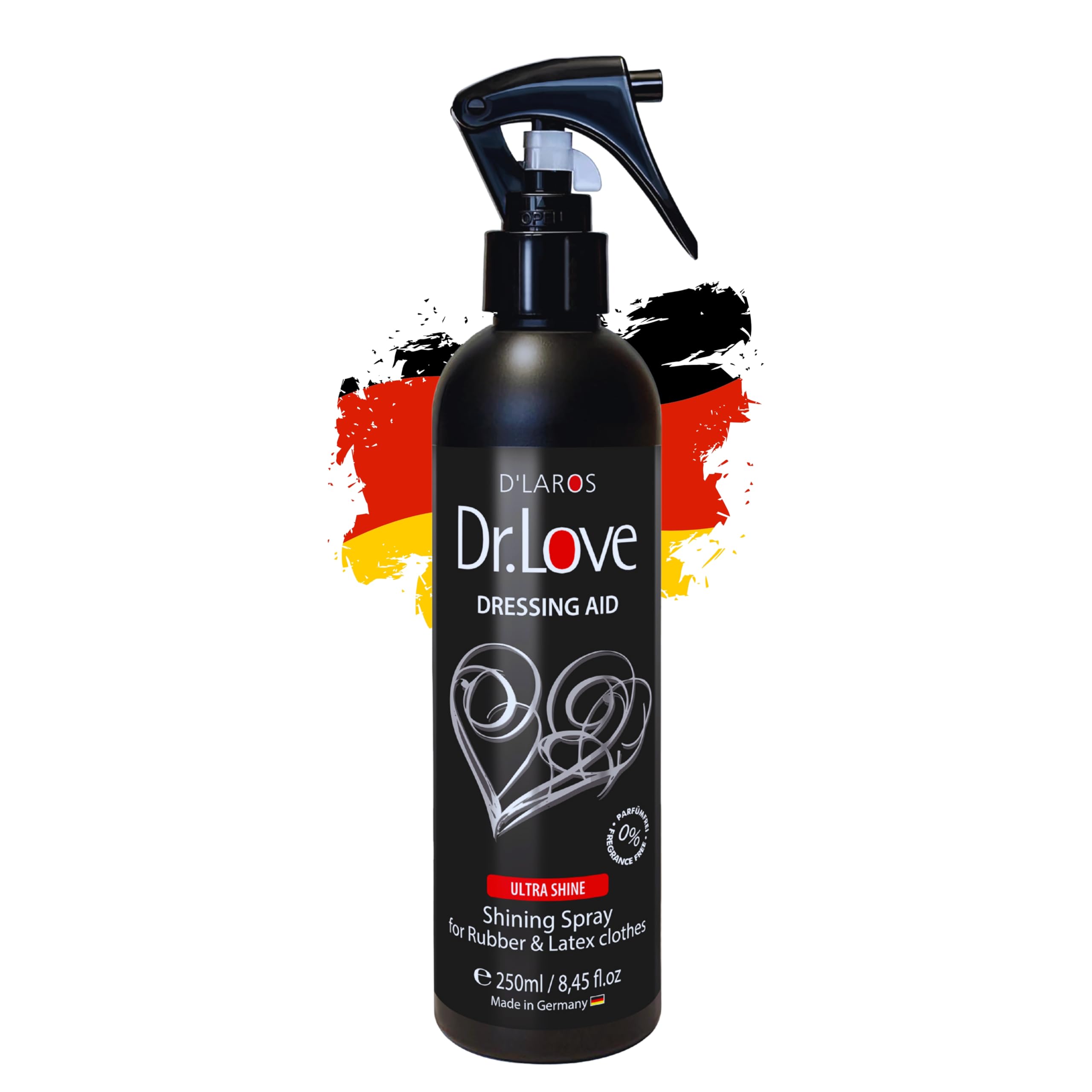 Dr.Love Premium Dressing Aid | 250 ml | Spray Shining Spray Soin au latex brillant & aide à l'enfilage pour elle et lui | Doux pour la peau | Huile de silicone pour latex | Soin du caoutchouc sans