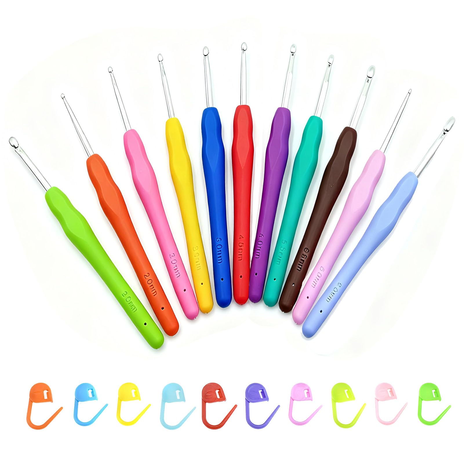 YCSHIPO Crochet Hooks Set, 11pcs Ergonomic Soft Grip, Aluminium Crochet Needles with 10 Stitch Markers for Beginners and Adults (2.0mm-7.0mm)