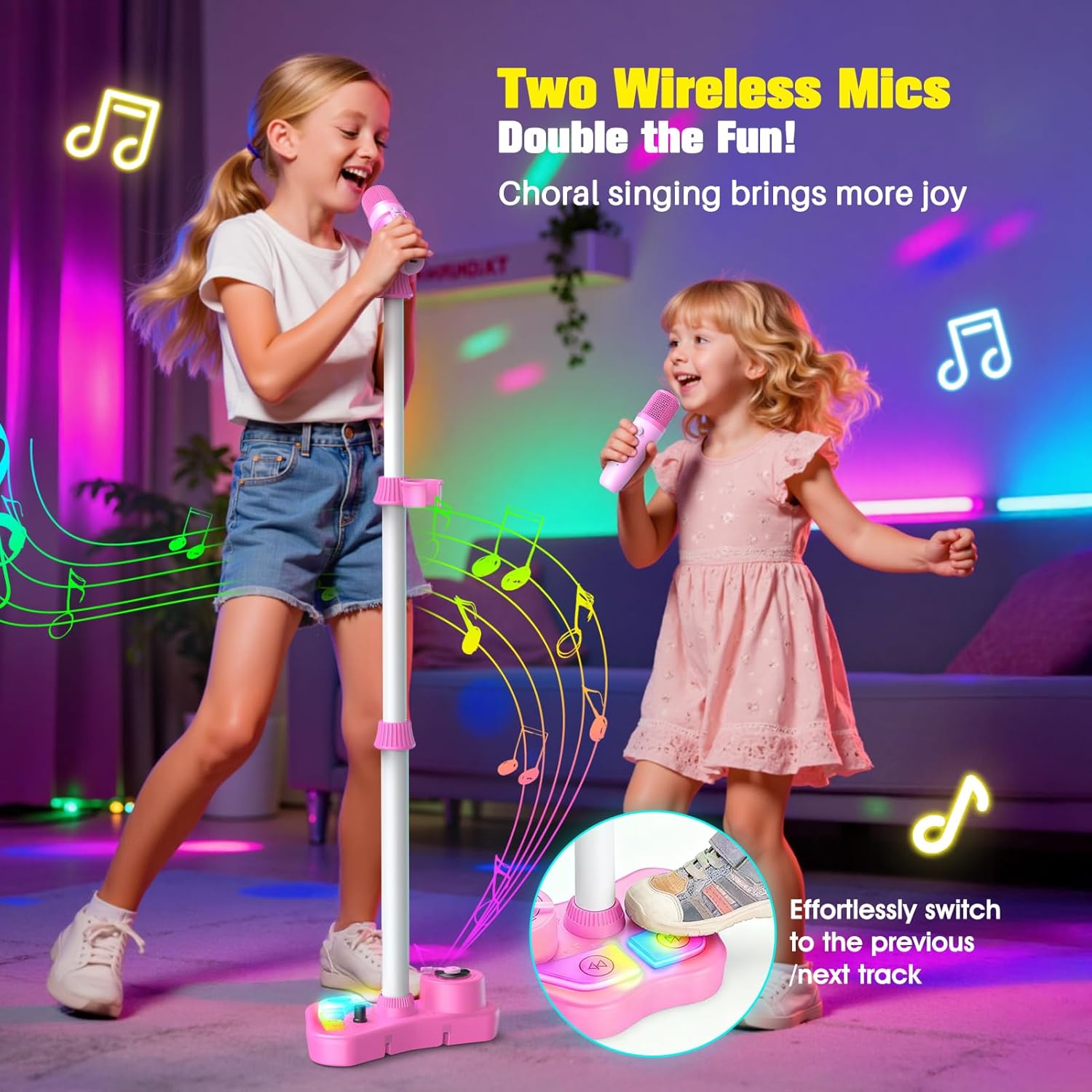 Kids Rechargeable Karaoke Machine Toys with Adjustable Stand, 3-5 4-6 7 8 Year Old GirlsWireless Microphone Gifts, Bluetooth Speaker with 2 Mic Toddler Birthday Gift for Girl Ages 3-8 - Image 2