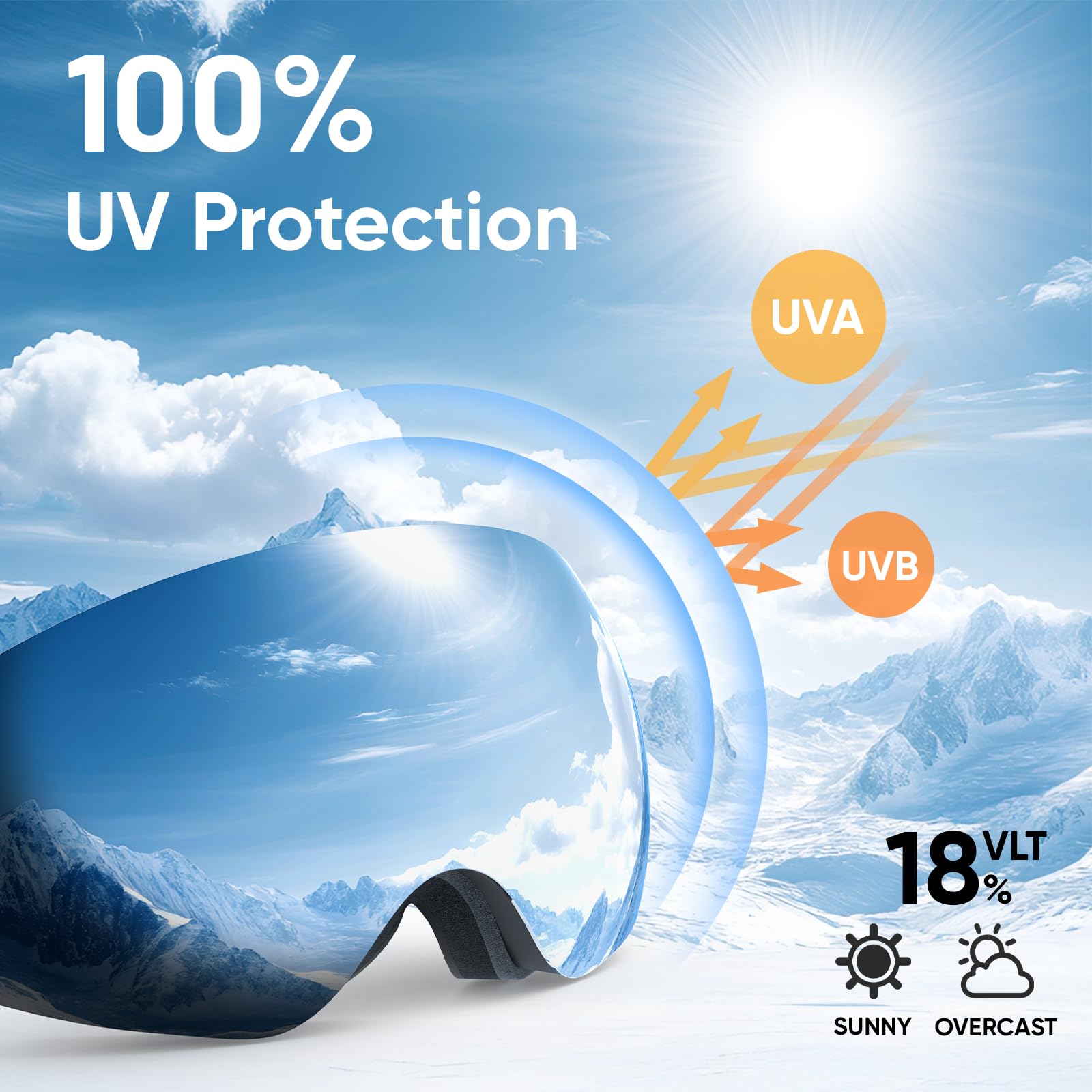 OTG - Occhiali da sci e snowboard, unisex, protezione UV al 100%, anti-appannamento, per sport e neve, colore: nero