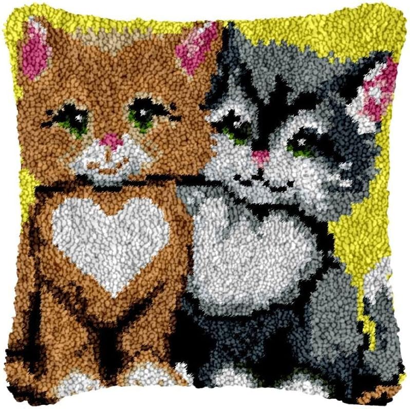 Latch Hook Kits Pillow Cover for Beginner Brown and Grey Cat Color Printed Canvas Yarn Crocheting Carpet Cushion Embroidery Hook and Latch Pillowcase Sofa Decoration 43x43cm