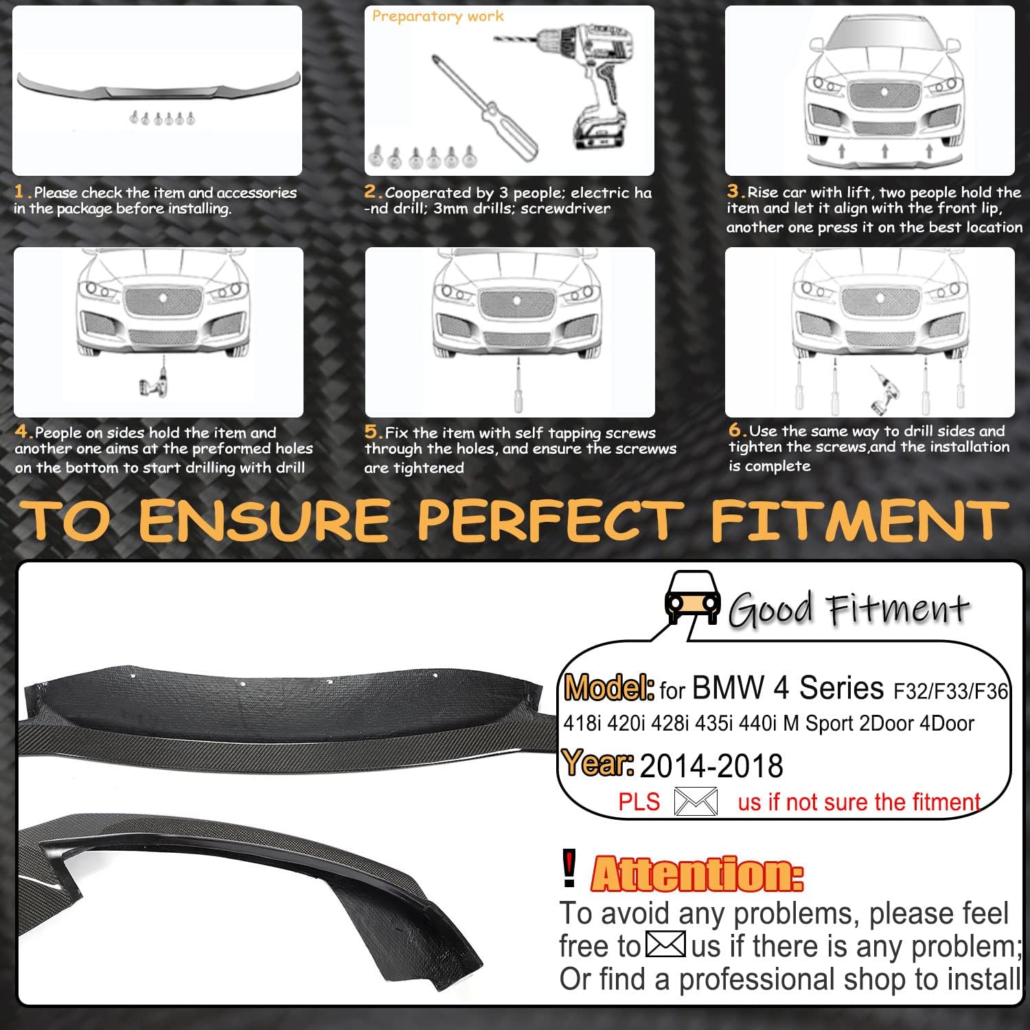 Real Carbon Fiber Front Lip Compatible with BMW 4 Series F32 F33 F36 M-Sport 2014-2018 420i 428i 435i 440i M-tech Front Bumper Lip Chin Spoiler Splitter Protector Factory Outlet