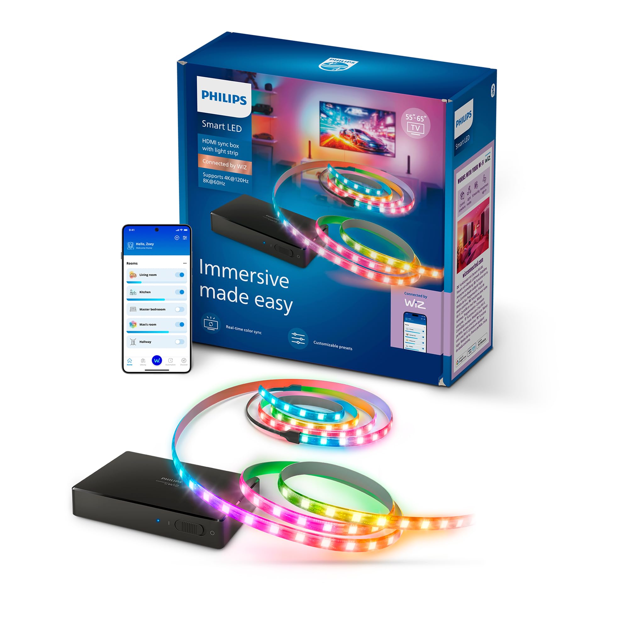 Philips Smart Lighting HDMI 2.1 Sync Box 8K mit TV-Hintergrundbeleuchtung, 55–65 Zoll, RGBIC LED-Lightstrip, Schn. Bildwiederh., Anpassb. Licht, Einf. Install., TV, Film, Games, HDMI-Eing. Erforderl.