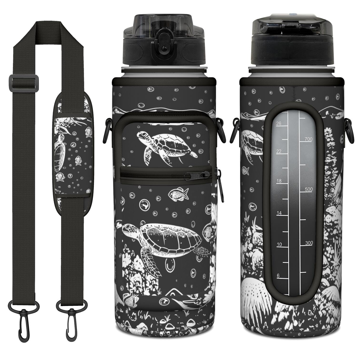 Sea Turtle Half Gallon Water Bottle with Sleeve 32 OZ -Flip Top Bpa Free - Motivational Time Marker Leakproof Water Jug - Sea Turtle Lover for Gifts Women Men