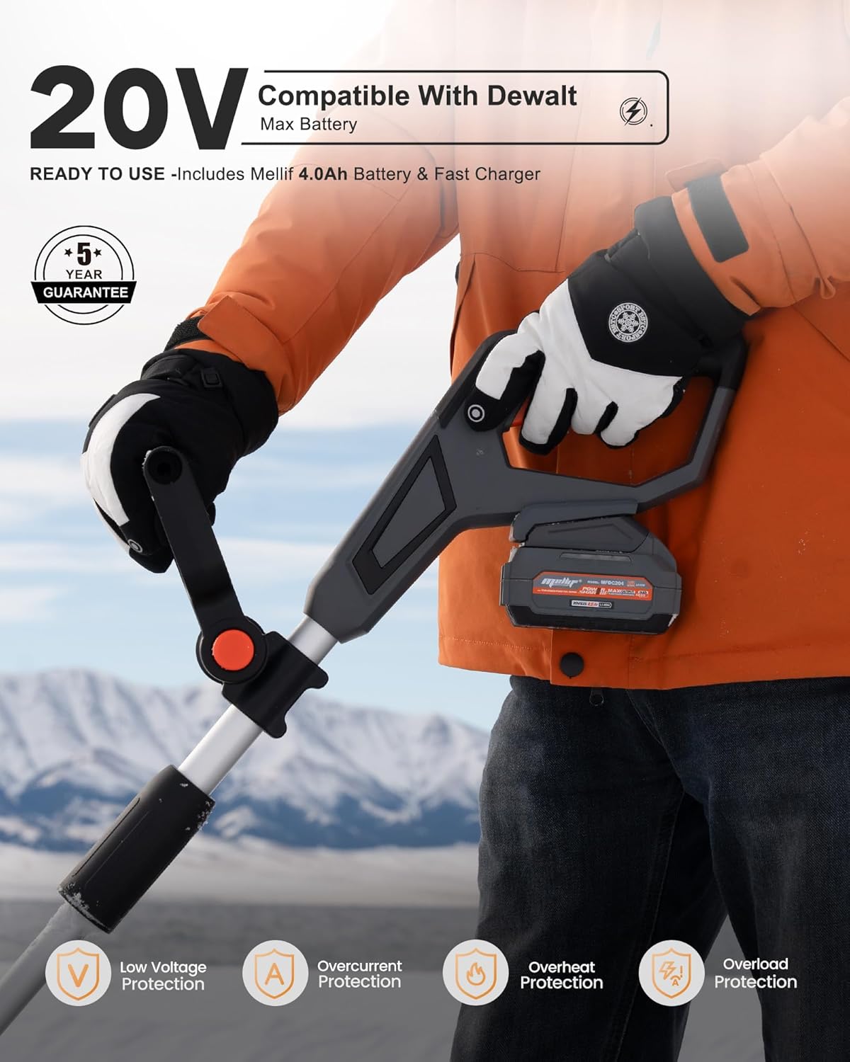 mellif cordless snow shovel, 12-inch brushless snow blower compatible with dewalt 20v max battery, includes 4.0ah battery & charger kit, lightweight with adjustable chute (gray for dewalt)