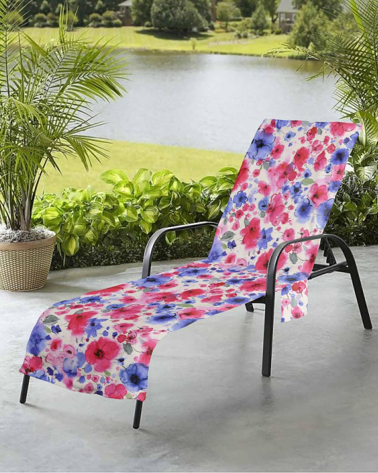 Red Blue Floral Beach Chair Towel Covers for Chaise Lounge with Side Pocket, Soft Plush Pool Towels Cover for Patio Sunbathing Outdoor 29''x85'' Independence Day Farmhouse Botanical