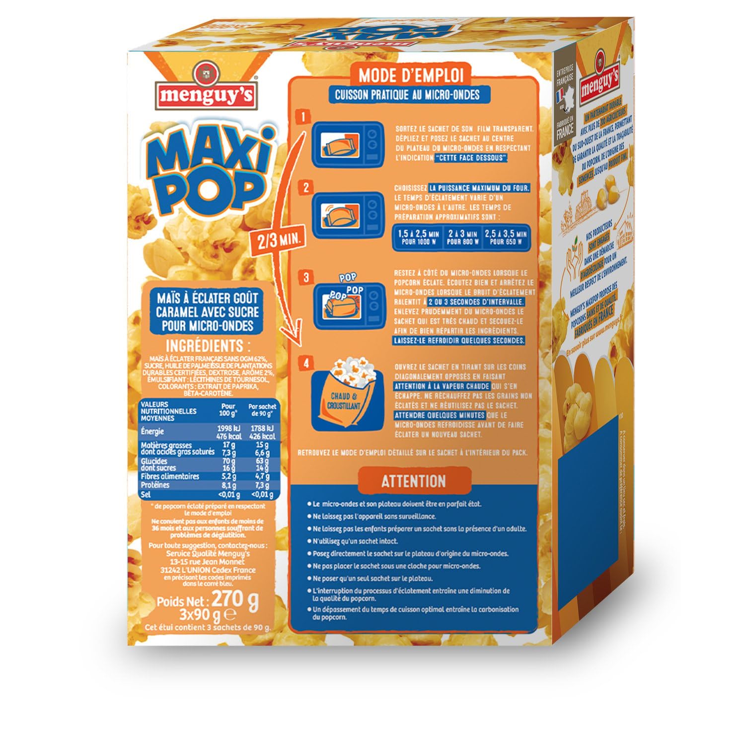 MENGUY'S - Pop-Corn au Caramel Micro-Ondes - Maxi Pop · Prêt en 2 à 3 Minutes · Le Pop Corn Maison Facile · Parfait pour une Soirée Cinéma en Famille - les 3 sachets de 90 g - 270g - Le Lot De 4
