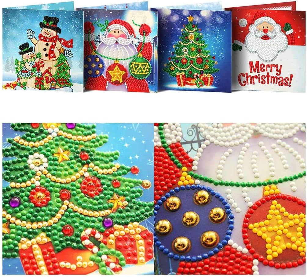 4Pcs DIY Christmas Card with Diamond Painting Drill by Numbers - Christmas Tree, Santa Claus, New Year Greeting Card, Stickers & Gifts - Image 3