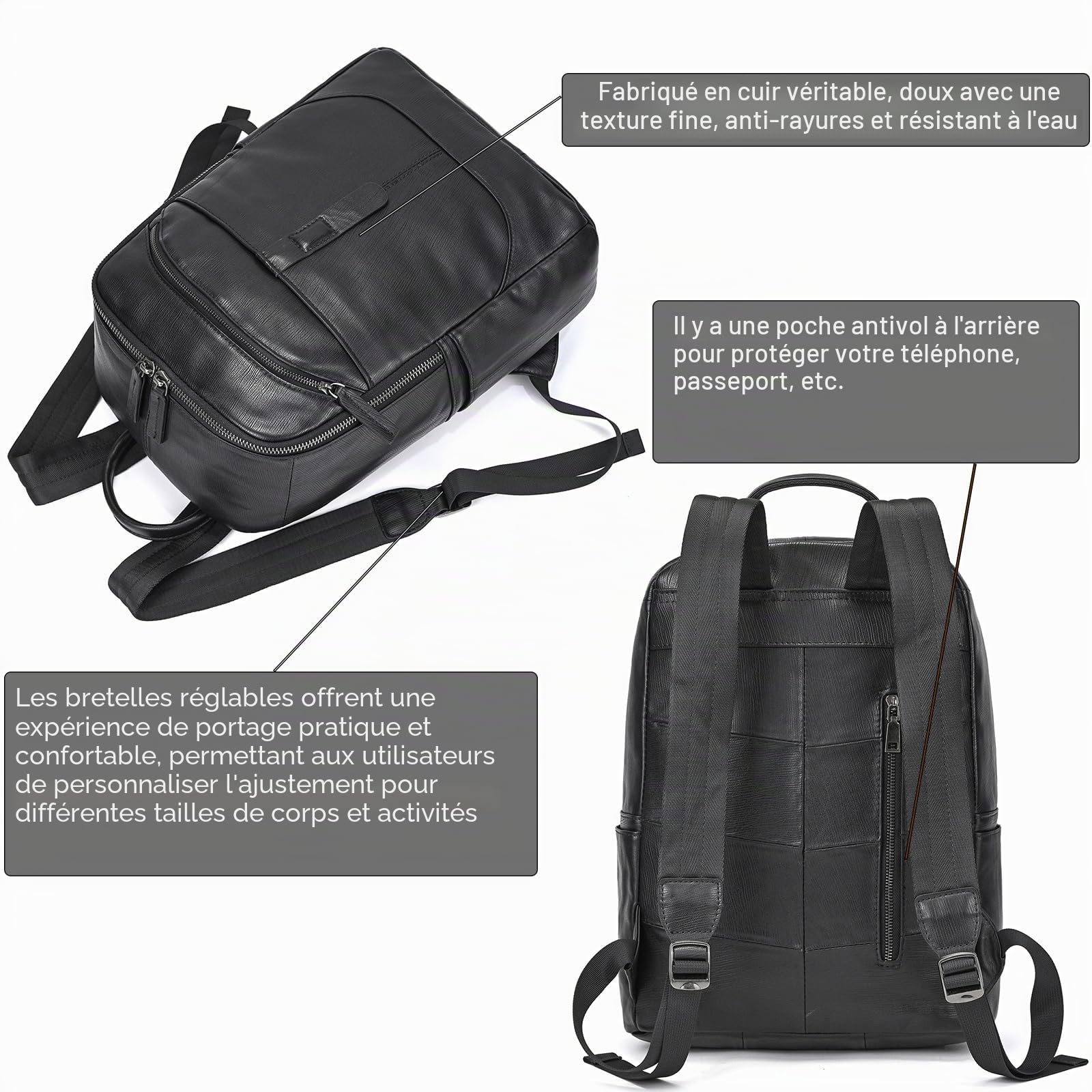 LUUFAN Sac à dos en cuir véritable pour homme, sac à bandoulière décontracté multi-poches, sac de jour pour ordinateur portable 15,6 pouces pour voyage, affaires, randonnée, taille unique