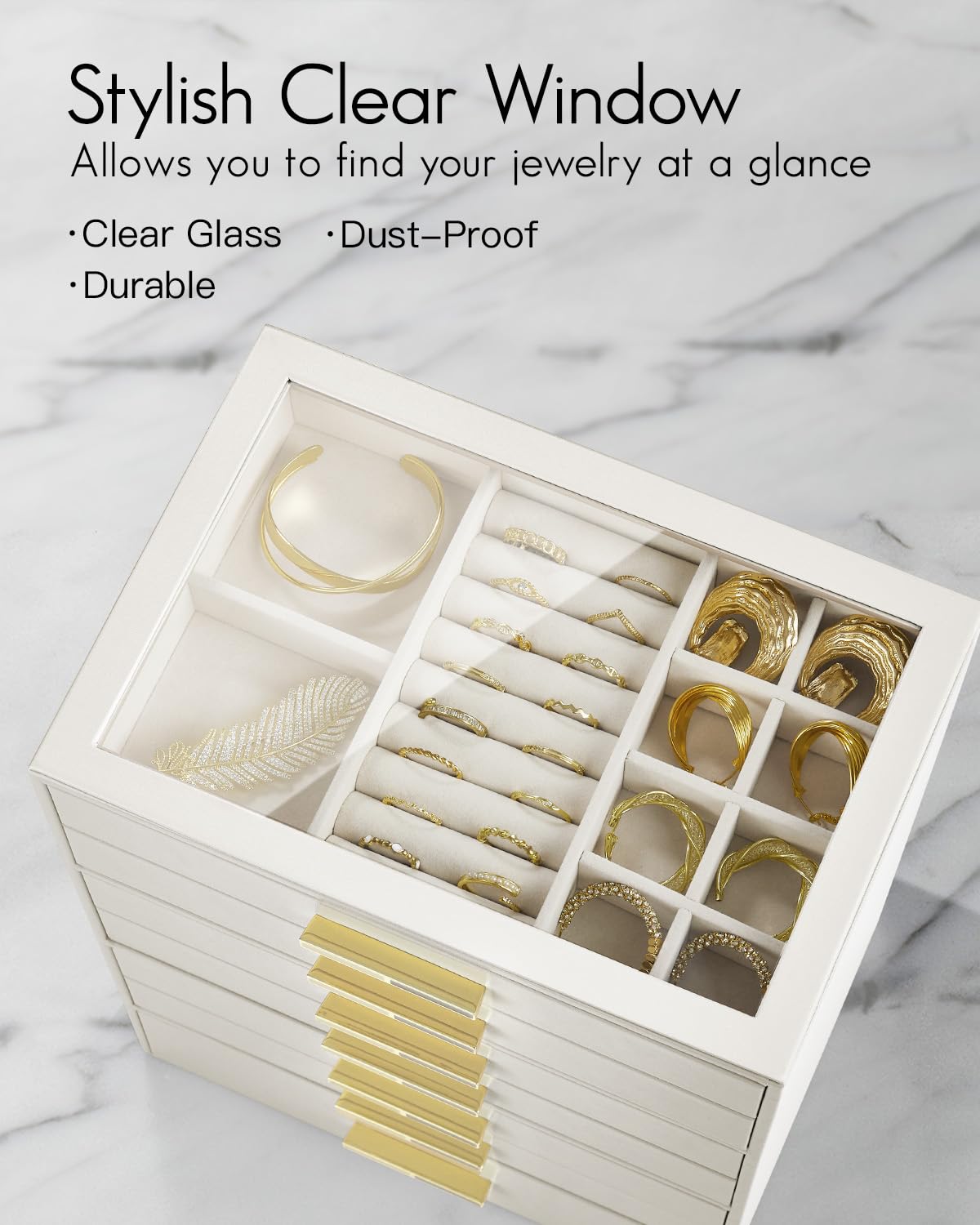 VLANDO Boîte à bijoux à 7 niveaux, boîte à bijoux, rangement de bijoux, organiseur de bijoux avec couvercle en verre, pour colliers, boucles d'oreilles, montres, bracelets, moderne, beige
