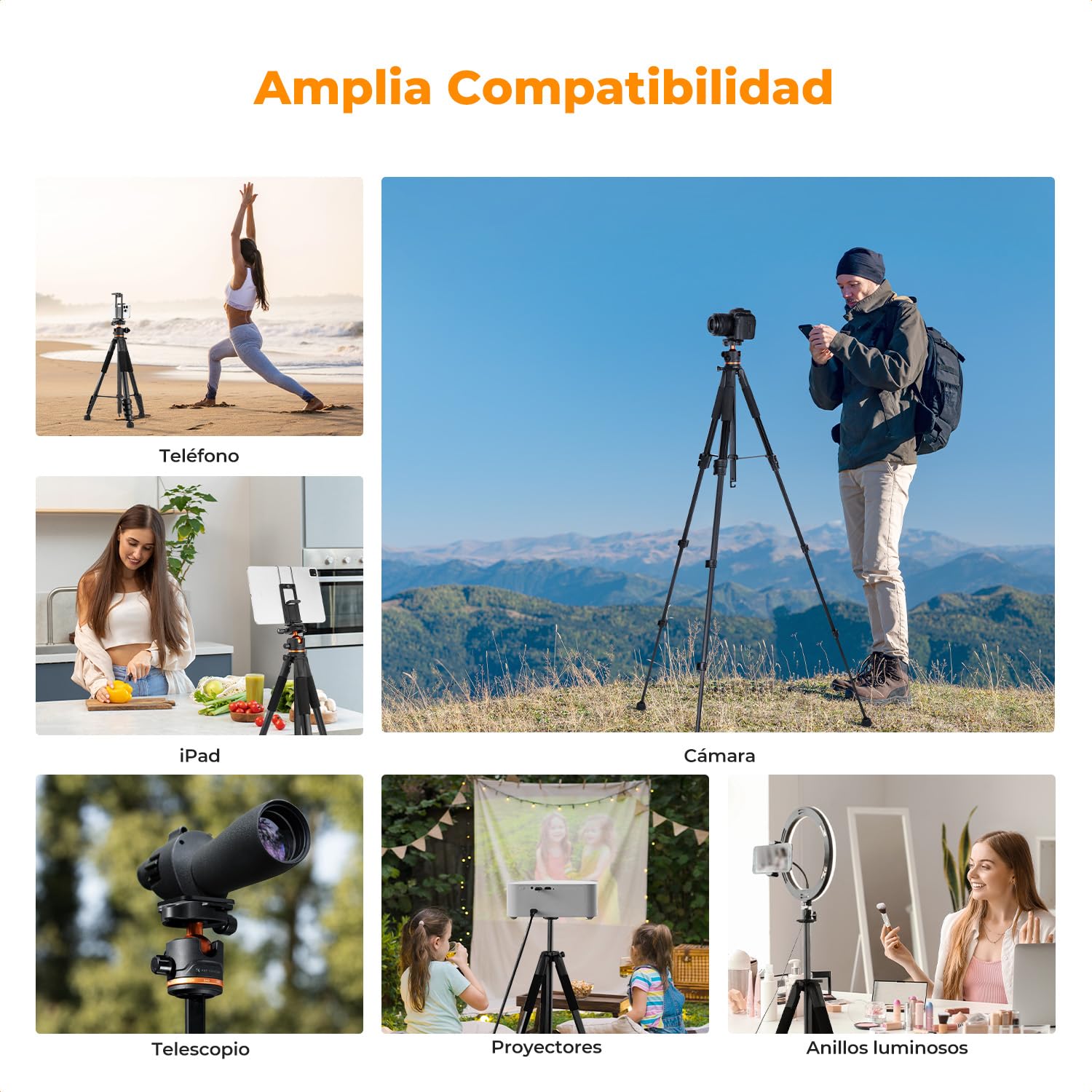 K&F CONCEPT Trípode Ligero Portátil 190cm S255A3+BH-36 Tripode para Movil de Cabeza Esférica para DSLR, Cámara Réflex Digital, Teléfono Móvil, etc., con Clip para Teléfono Móvil