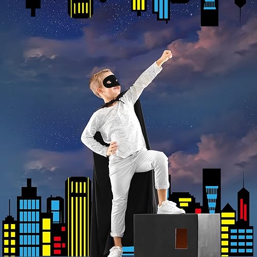 Miniatura 3 de Telón de fondo de ciudad con diseño de héroe, decoración de fiesta, edificios de horizonte de ciudad, fondo de fotografía, centro de mesa,