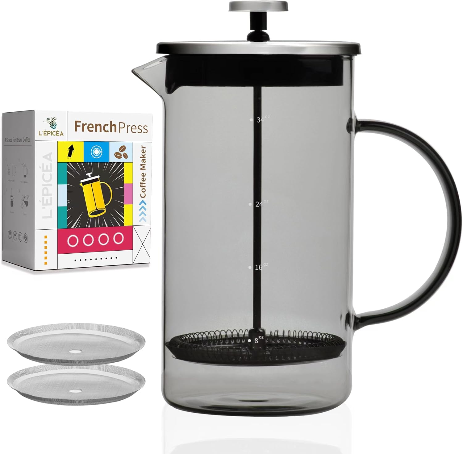 L'ÉPICÉA French Press, French Press Coffee Maker 34 oz, Colored Glass French Press, Heat Resistant Borosilicate Glass French Press Coffee Maker with 3 Filters System (Sliver)
