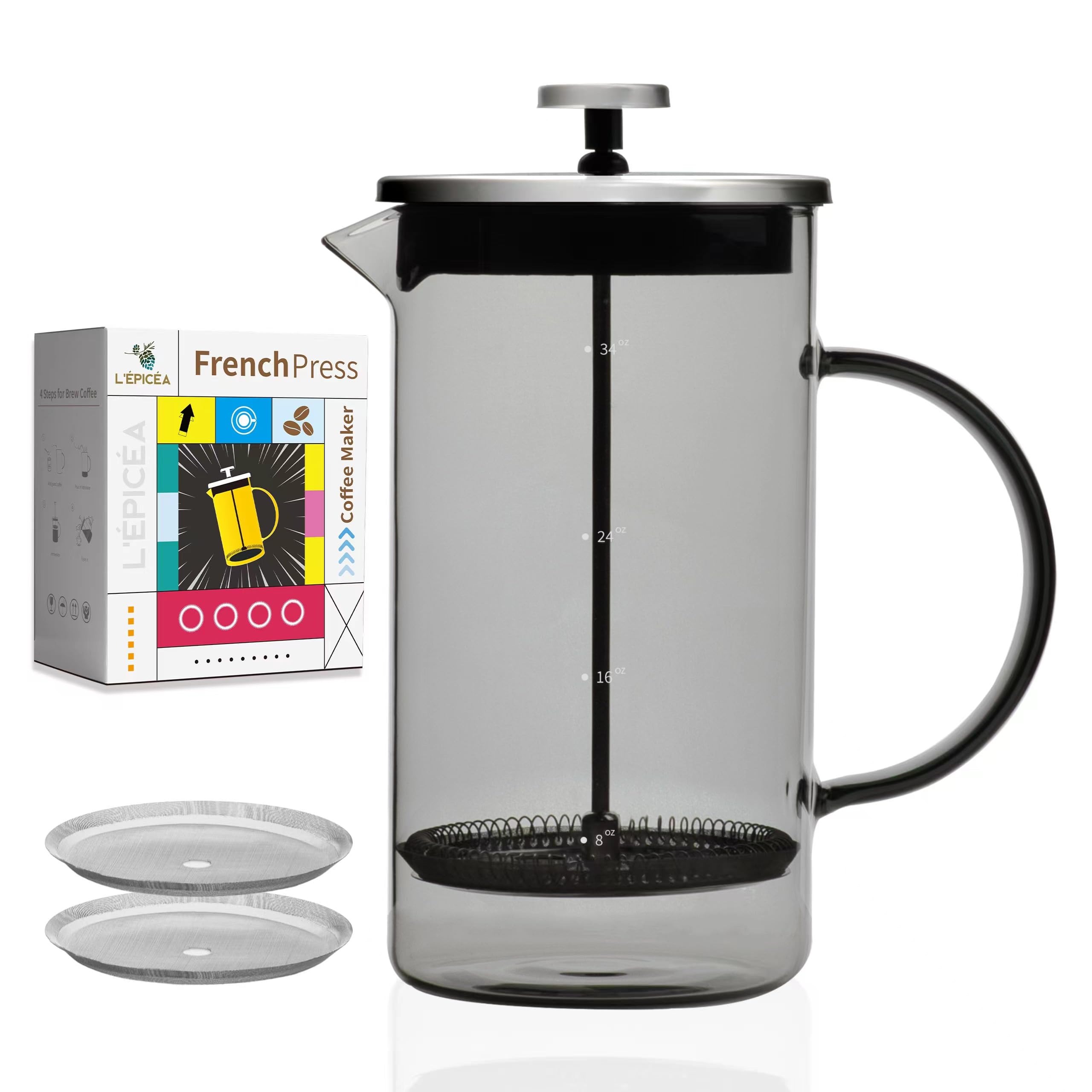 L'ÉPICÉA French Press Coffee Maker 34 oz, French Press, Coffee Press, Heat Resistant Borosilicate Glass French Press Coffee Maker with 4 Filters System and Stainless Steel Plunger