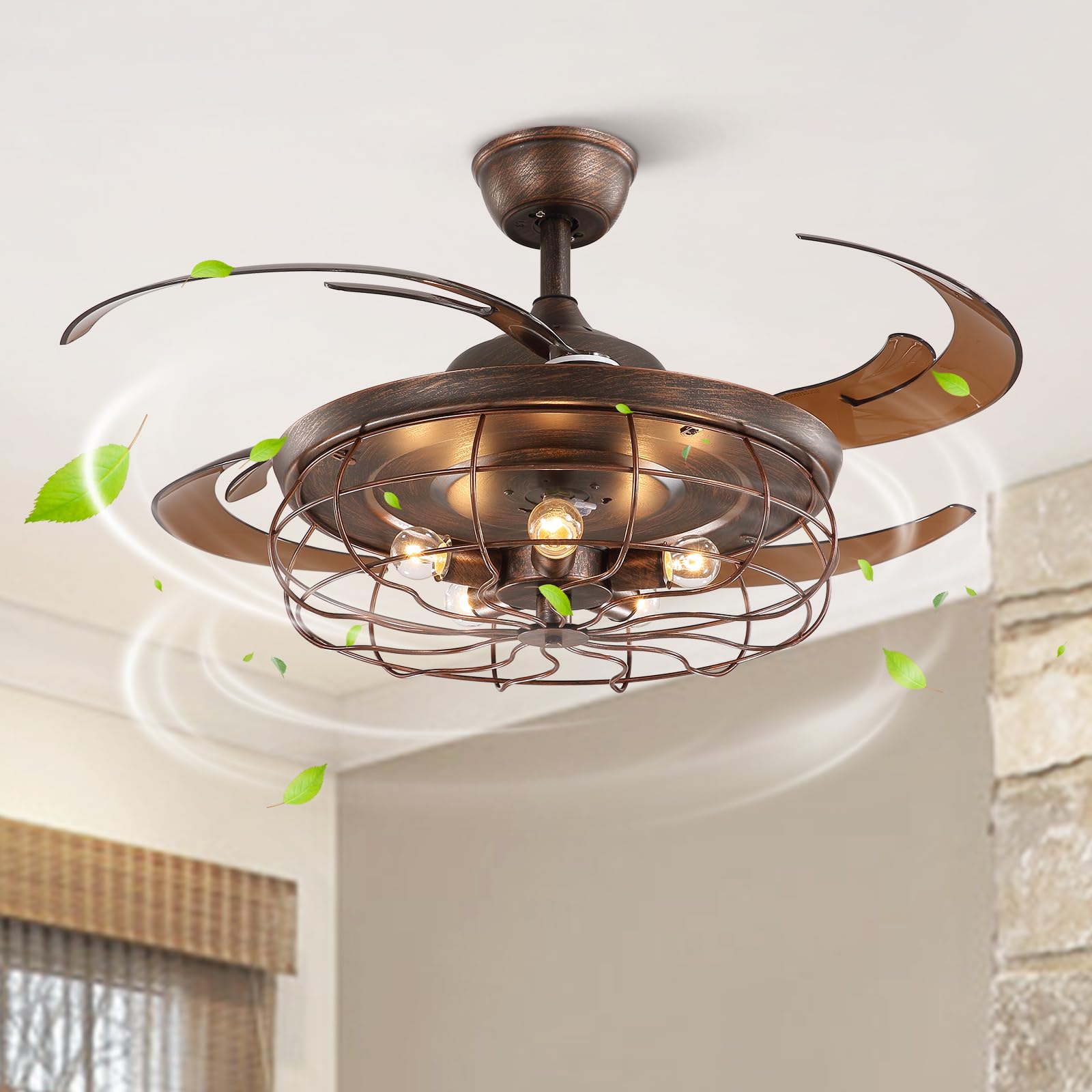CROSSIO 48 Inches Retractable Caged Ceiling Fan with Lights, Reverse Industrial Rusty Fandelier Fan Chandelier with Remote Control for Living Room Dining Room Bedroom - 5 Lights
