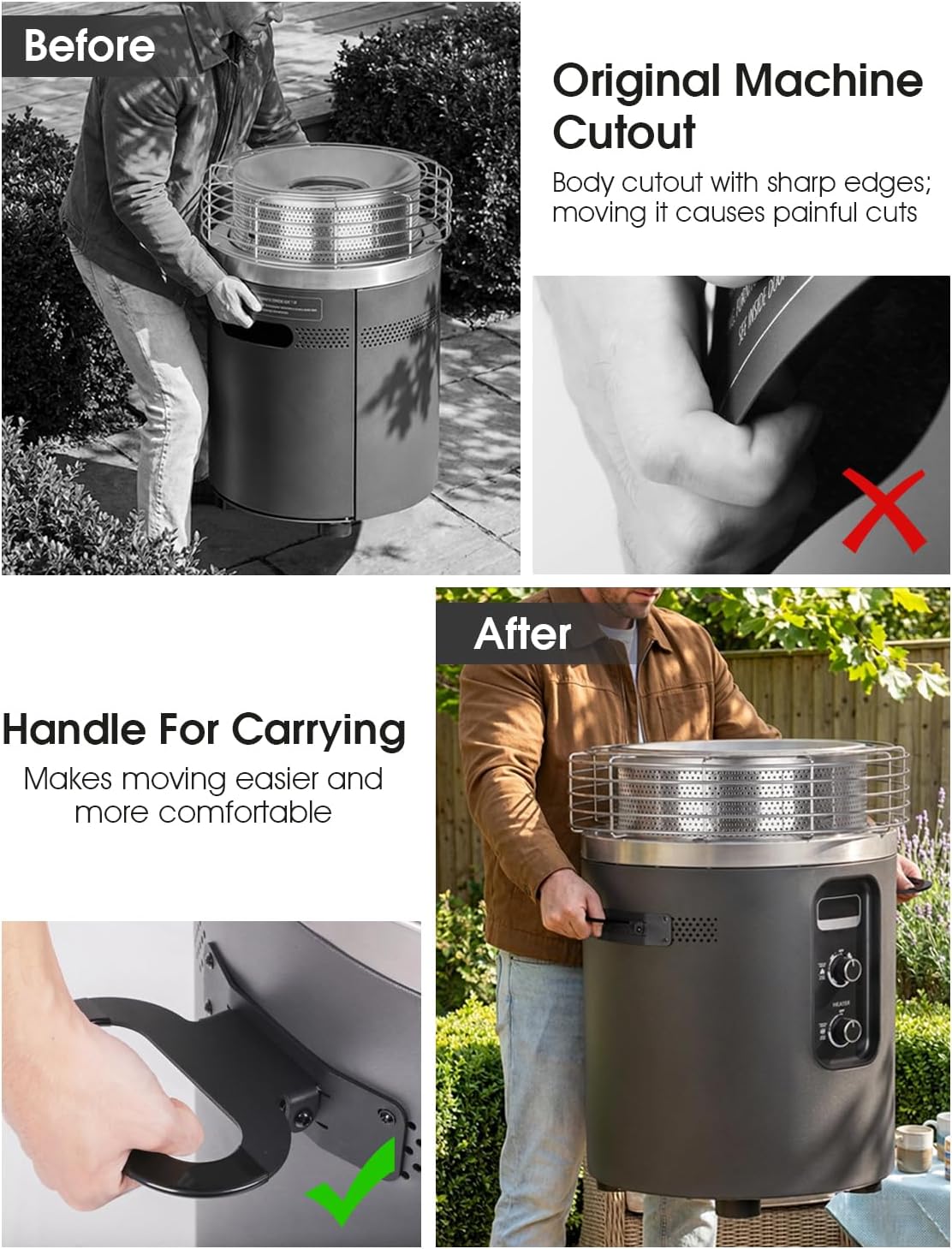 Tiga Fold-Down Side Handle for Ninja Fireside360 Outdoor Heater & Fire Pit, Carbon Steel Powder-Coated, Rubber-Coated Grip, No-Drill Install, 2-Pack Left/Right Handles