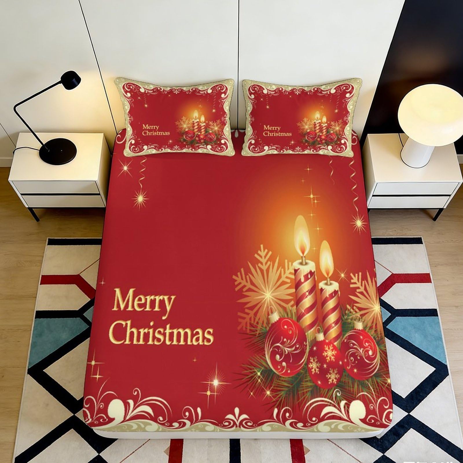3D Printed Christmas Candle Fitted Sheet Microfiber Red Bed Cover for Bedroom Guest Room Holiday Decor 90x200x25cm