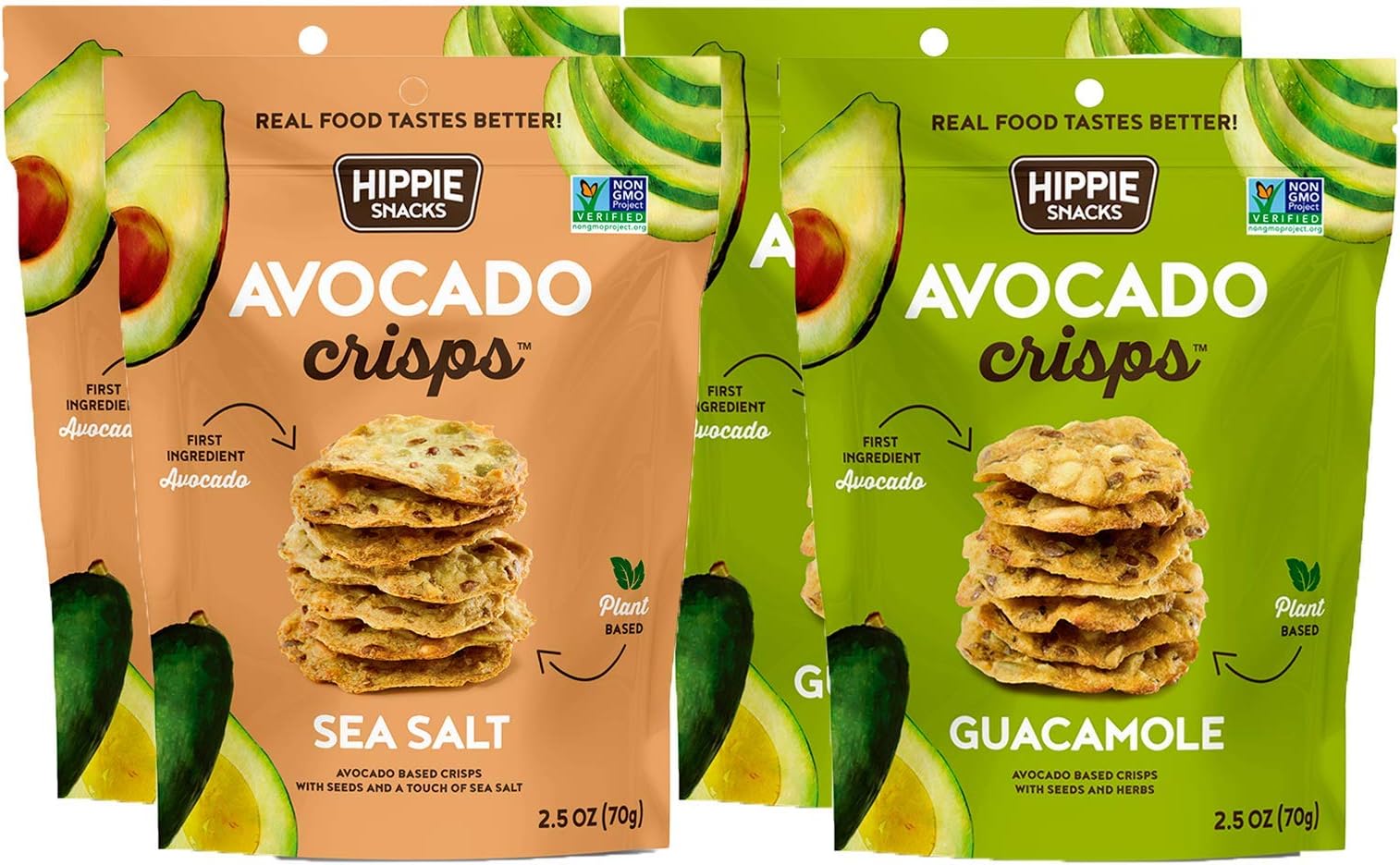 Hippie Snacks Avocado Crisps Variety Pack, Plant-based, High Protein, Gluten Free Snack or Crackers for Charcuterie Boards, 2 Sea Salt, 2 Guacamole