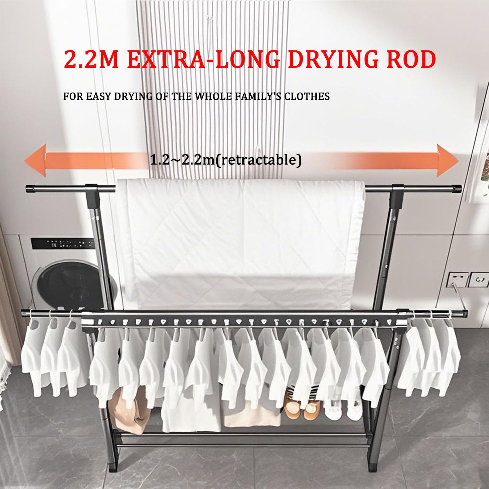 Tendedero plegable para interiores, grande, resistente, con ruedas, de aleación de aluminio, extensible y altura ajustable para balcón, camping, viajes al aire libre