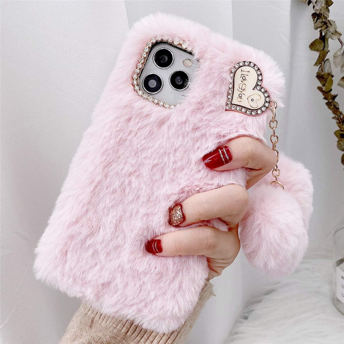 for iPhone 6 6s Pretty Furry Case with Fur Heart Ball, Super Soft Warm Furry Cute Back Case, Luxury Rhinestone + Girly Faux Fur Fluffy Shockproof Protective Cover Women Girls