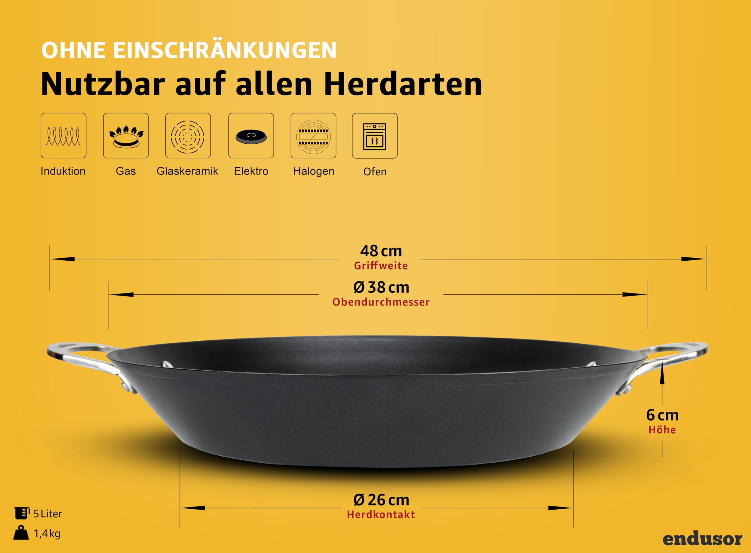 endusor Paella Pfanne INDUKTION Ø 38cm mit Antihaft-Beschichtung | 6-8 Personen | alle Herdarten + Backofen + Gasgrill | Professionelle Paellapfanne aus hochwertigem Aluminium