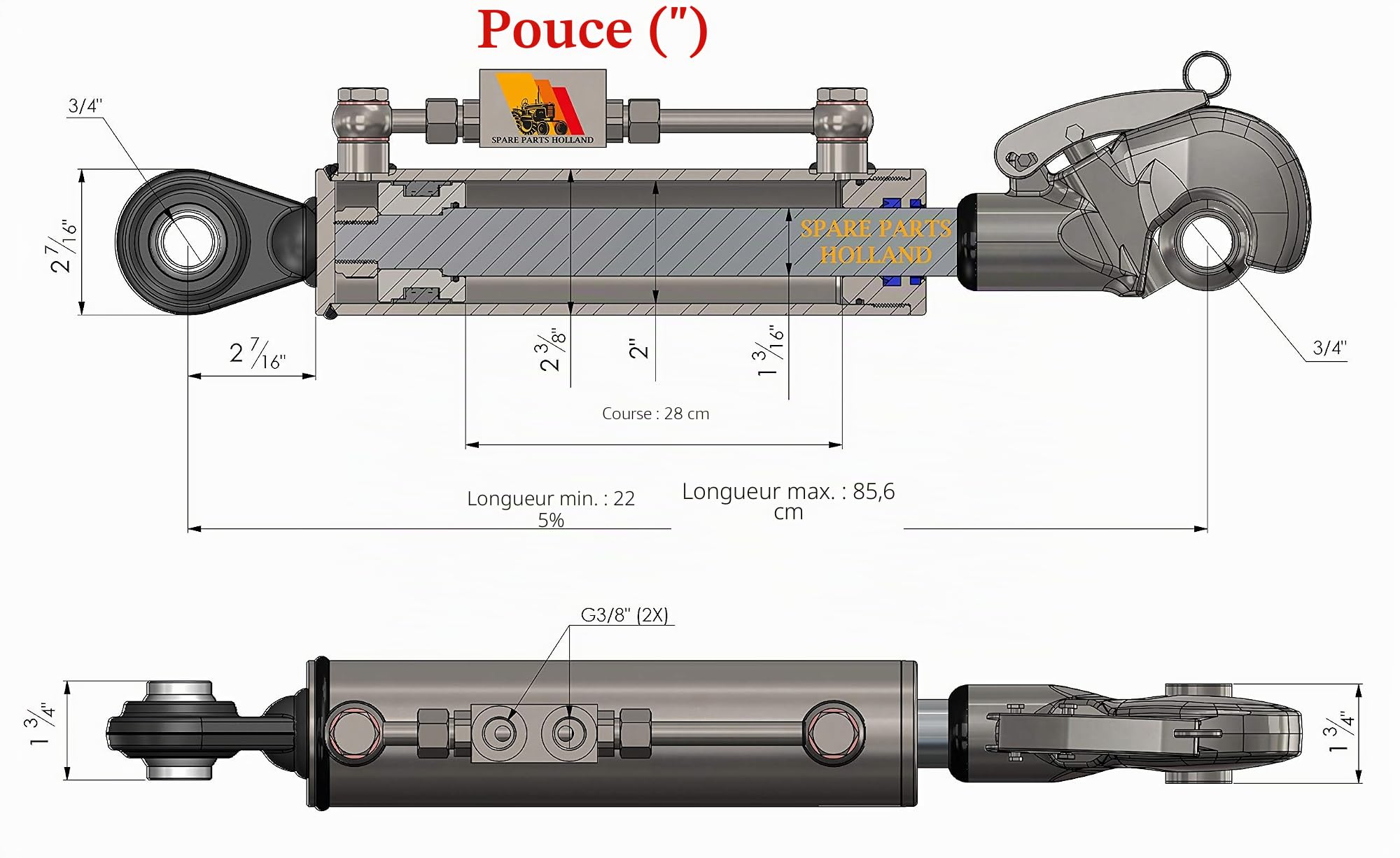 Troisième point hydraulique CAT1 + 1 crochet de récupération 280 mm Blocage tuyaux 19.2