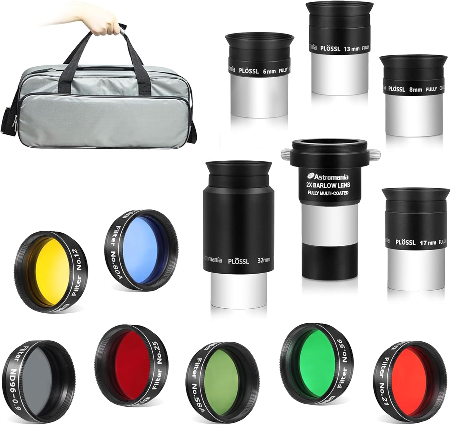 Astromania Transport Bag for 1.25" Eyepiece and 2" Eyepiece - Bundle with - Telescope Accessory Kit 1.25 Inch Telescope Eyepiece and Filter Set