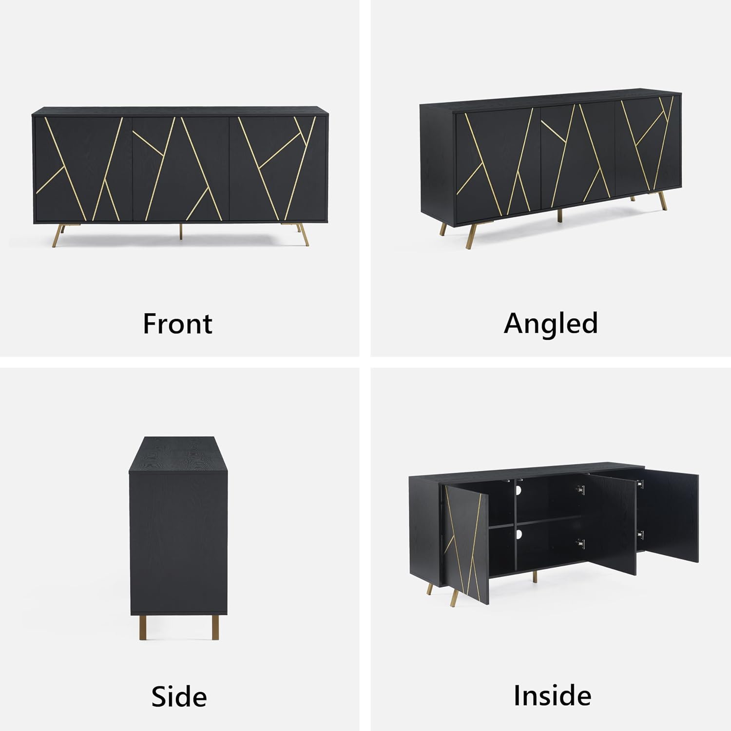 63 Inch Mid Century Modern Sideboard Buffet with Storage, Large Wood Accent Cabinet with Shelves, Console Cabinet for Living Room, Kitchen, Black