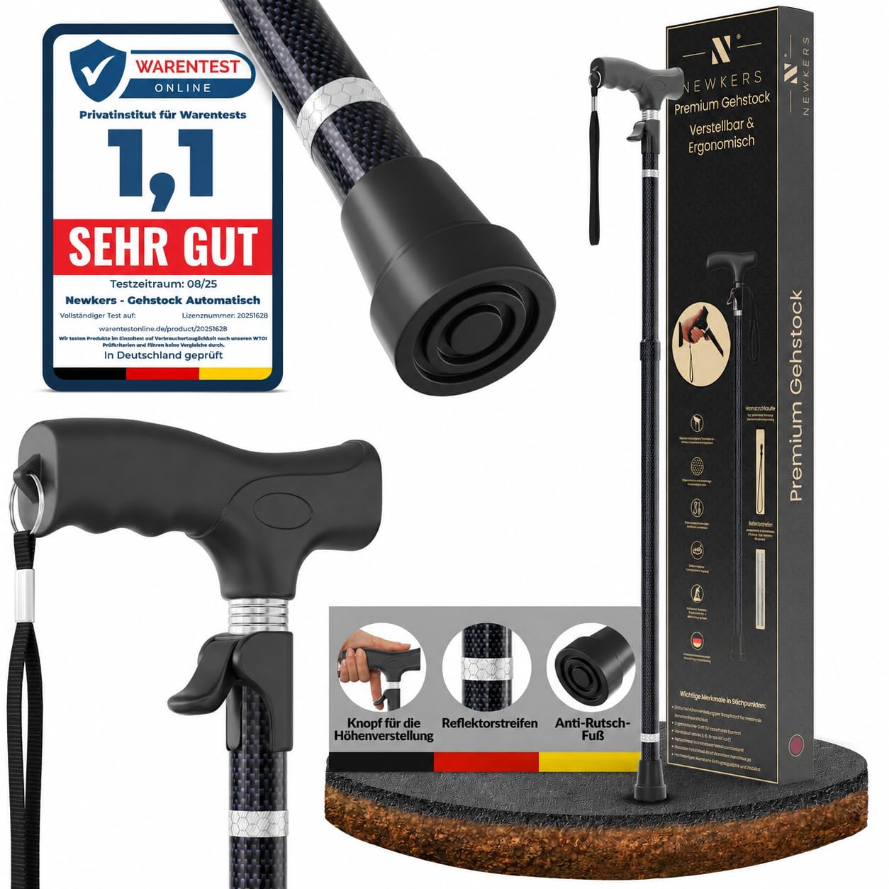 Gehstock Damen Herren – automatisch aufklappbar, höhenverstellbar 65–102 cm | Leichte Gehhilfe für Senioren mit Klickmechanismus, ergonomischem Griff und kompakt faltbarem Design für Alltag und Reisen.