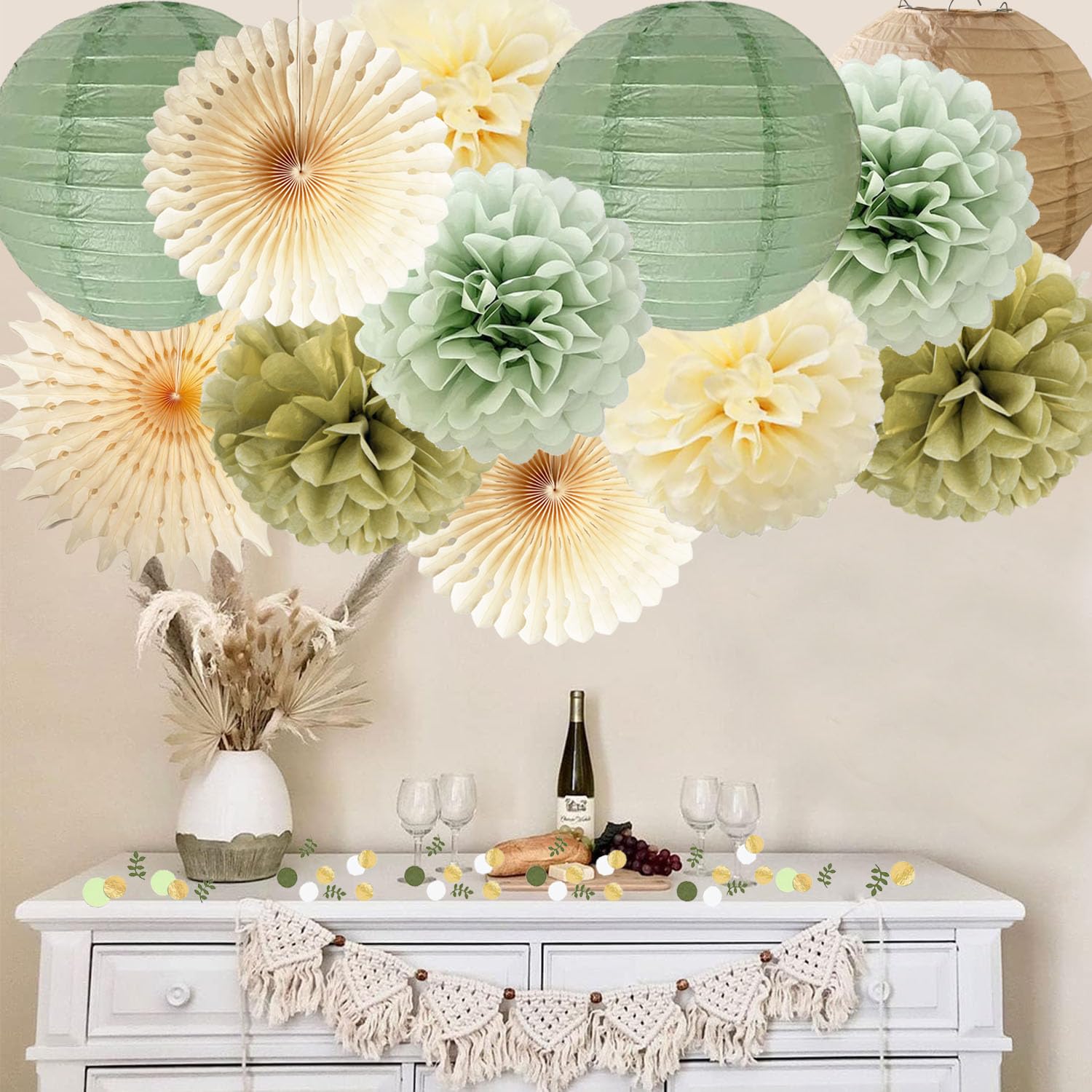 Décoration Mariage Déco Fête Vert Sauge & Pêche - Lanternes & Pompons Papier - 25-35cm - Anniversaire, Baby Shower, Mariage Fête Prénatale Mariage