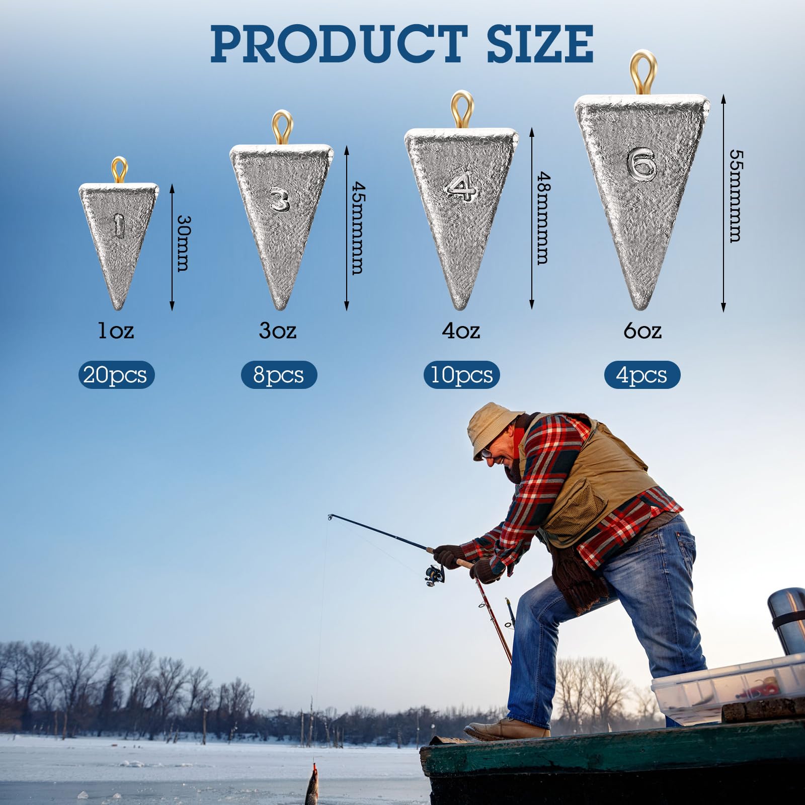 Zhanmai Kit de 42 piezas de pesas de pesca para pesca de plomo, pirámide, plomos de pesca de agua salada, plomos de pesca de róbalo, fundición en 1 oz, 3 oz, 4 oz, 6 oz