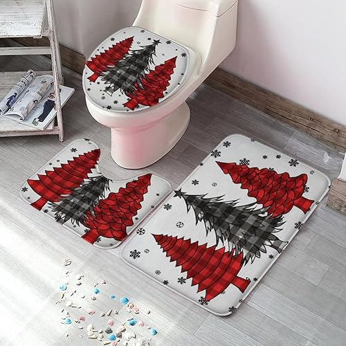 Miniatura 3 de Juego de 3 alfombras y tapetes de baño para árbol de Navidad, diseño de copos de nieve de invierno, antideslizantes, fundas para asiento de inodoro,