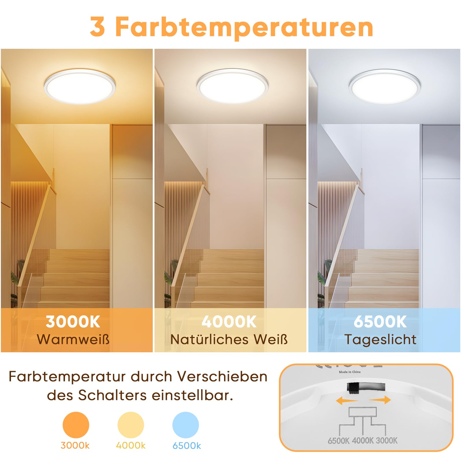 NIBSHOOM Plafón LED Techo con Sensor de Movimiento, 3000K/4000K/6500K 18W IP44 Impermeable Lampara Techo, Lampara Luz LED Techo Balcón Cochera Pasillo Sótano Sala, Ø22cm