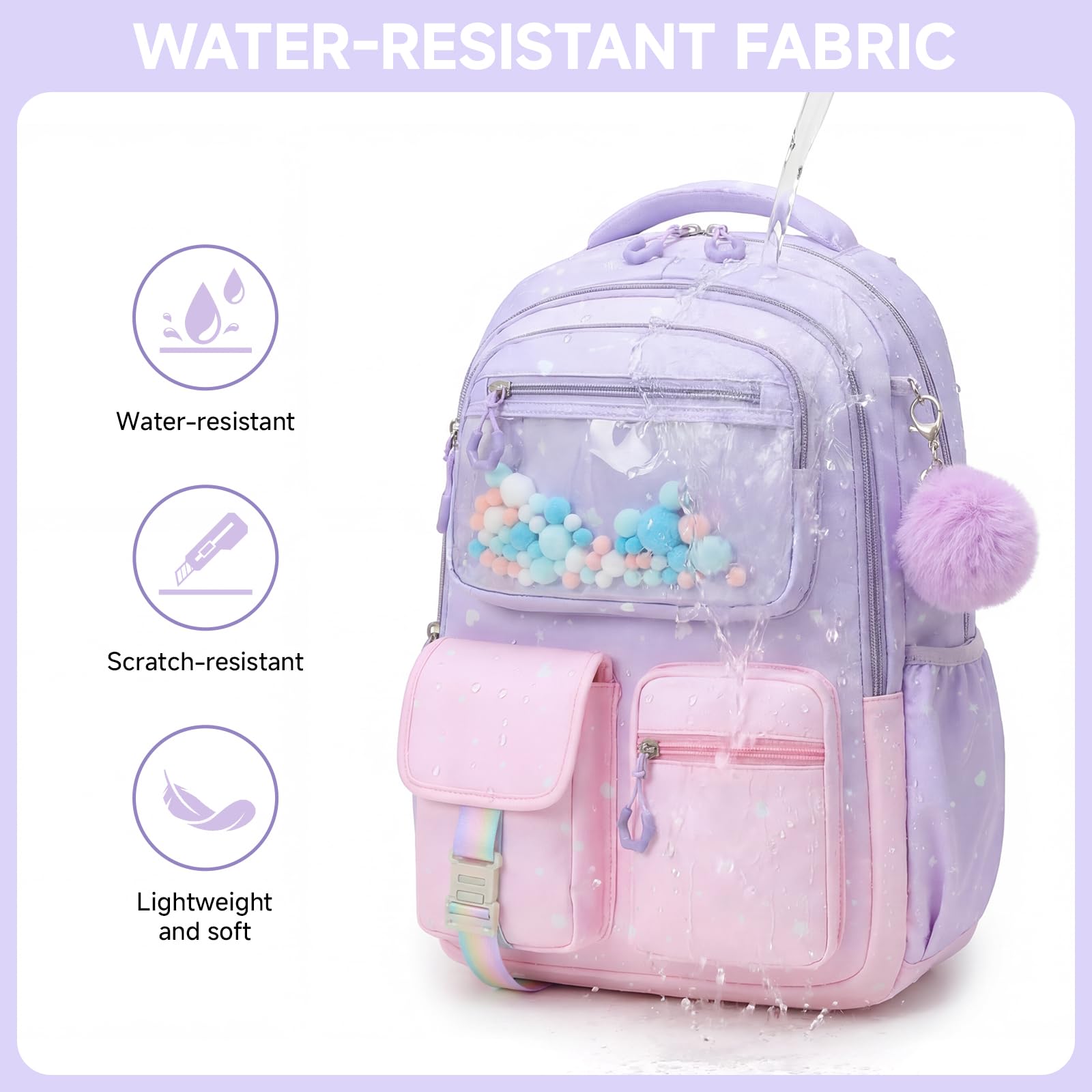 Amythe Mochila para Niñas, Mochila Escolar Niña Ergonómica con Rayas Reflexivas, Mochila Primaria Infantil de Ocio con Lindo pompón para Escuela y Viajes, 20L, Rosa-Violeta