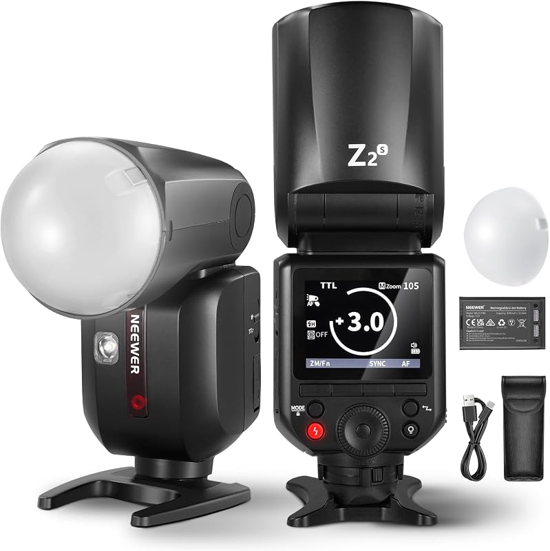 NEEWER Z2-S 2.4G TTL de cabeza redonda Flash Speedlite compatible con cámaras Sony, compatible con Godox, 76Ws 1/8000s HSS, difusor, 2 lámparas de modelado, interfaz de usuario mejorada, tecla de alternancia TTL/M, 3000mAh/600 de potencia completa