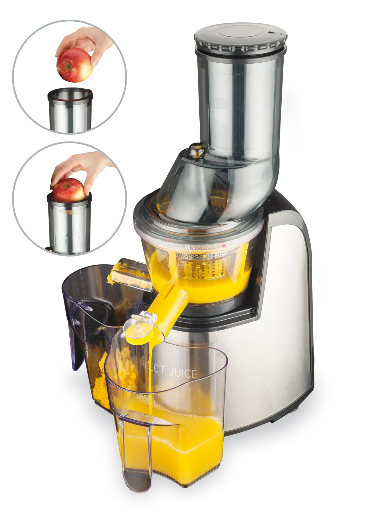 MACOM Estrattore di Succo a Freddo / Slow Juicer a Lenta Rotazione, Bocca Larga 75 mm per Frutta e Verdura, Facile da Pulire, Motore Silenzioso 150W, Just Kitchen 859 Perfect Juice